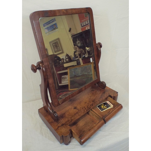 87 - Edwardian mahogany swivel mirror with shaped columns, two frieze drawers, on bun feet