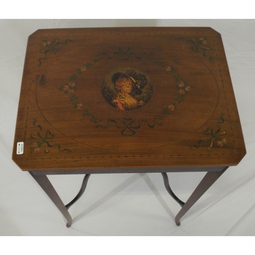 91 - Edwardian inlaid mahogany work table, the top decorated with flowers, foliage and central portrait, ... 