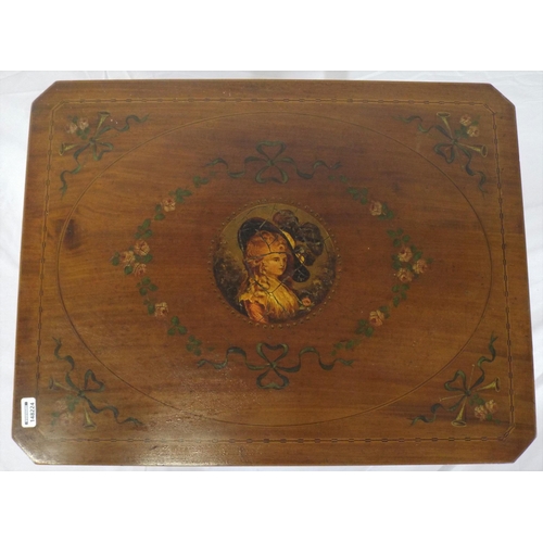 91 - Edwardian inlaid mahogany work table, the top decorated with flowers, foliage and central portrait, ... 