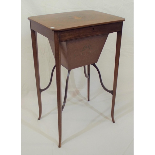 91 - Edwardian inlaid mahogany work table, the top decorated with flowers, foliage and central portrait, ... 