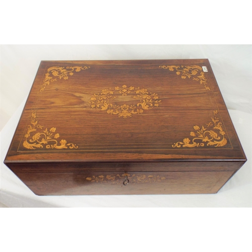 92 - Edwardian inlaid rosewood stationary or deeds box with ornate foliate and string inlay, round front ... 