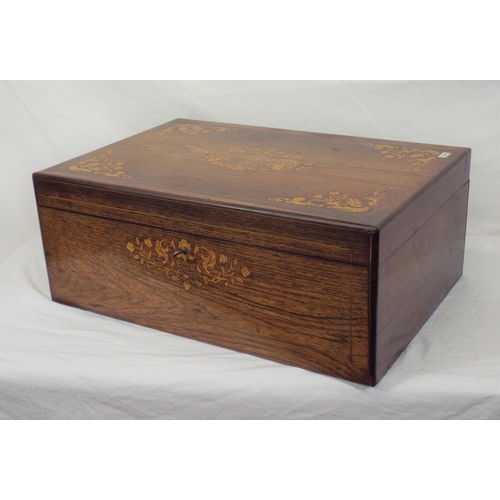 92 - Edwardian inlaid rosewood stationary or deeds box with ornate foliate and string inlay, round front ... 