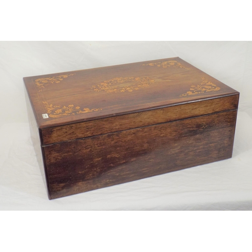 92 - Edwardian inlaid rosewood stationary or deeds box with ornate foliate and string inlay, round front ... 