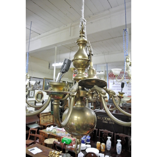 93 - Ornate six branch brass hanging chandelier with round sconces and ball shaped base