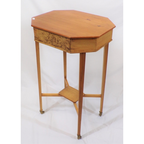 96 - Edwardian yew work table with hexagonal shaped lift-up lid, the interior fitted with presses with li... 