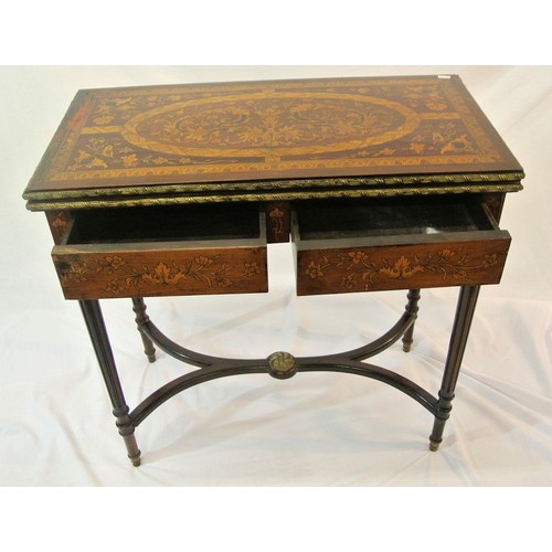 121 - Louis XV style inlaid walnut and satinwood card table with fold-over top, ornate foliate and banded ... 