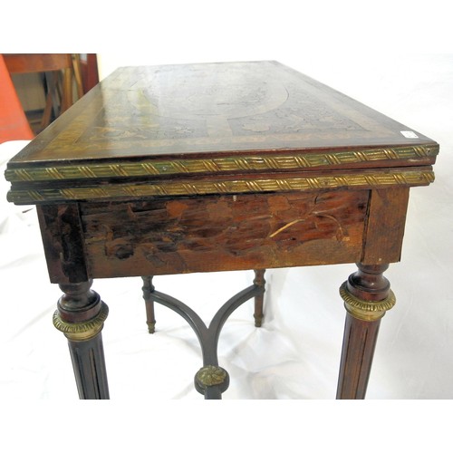 121 - Louis XV style inlaid walnut and satinwood card table with fold-over top, ornate foliate and banded ... 