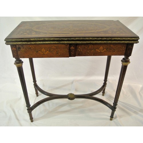 121 - Louis XV style inlaid walnut and satinwood card table with fold-over top, ornate foliate and banded ... 