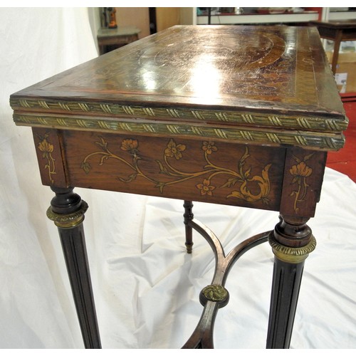 121 - Louis XV style inlaid walnut and satinwood card table with fold-over top, ornate foliate and banded ... 