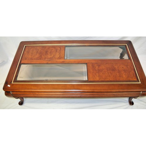 161 - Edwardian design oblong coffee table with bevelled glass insets, on cabriole legs