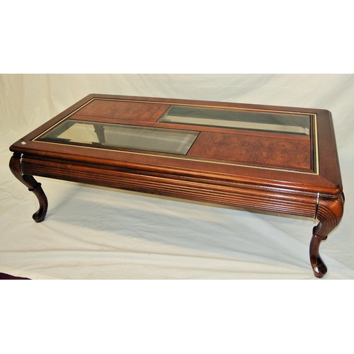 161 - Edwardian design oblong coffee table with bevelled glass insets, on cabriole legs