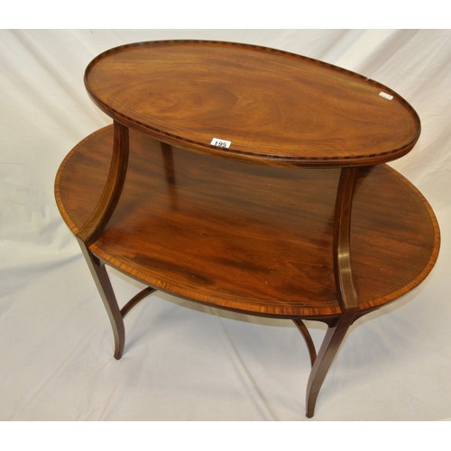 195 - Edwardian oval 2 tier inlaid mahogany occasional table with raised border, shaped columns, on inlaid... 