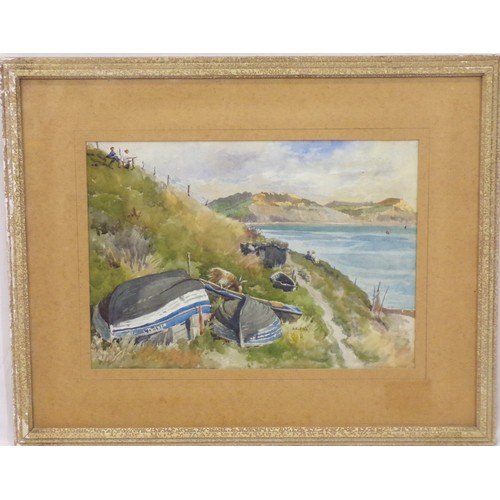 328 - Arthur Ellis 'Upturned punts near the sea''  watercolour signed