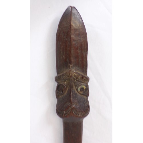 259 - Antique Maori Taiaha hand fighting club stone carved with paua shell eyes