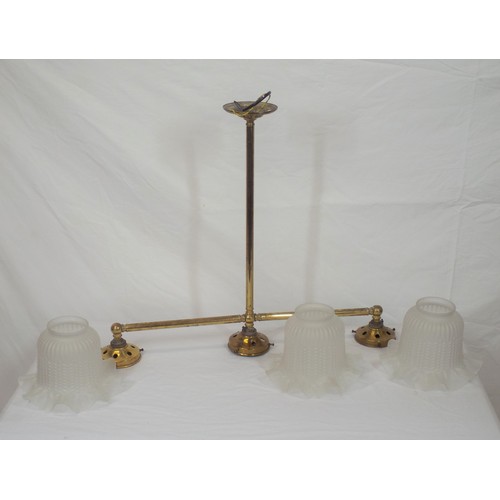 267 - Brass triple hanging light with glass ruffled shades