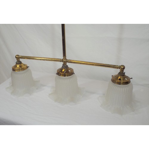 267 - Brass triple hanging light with glass ruffled shades