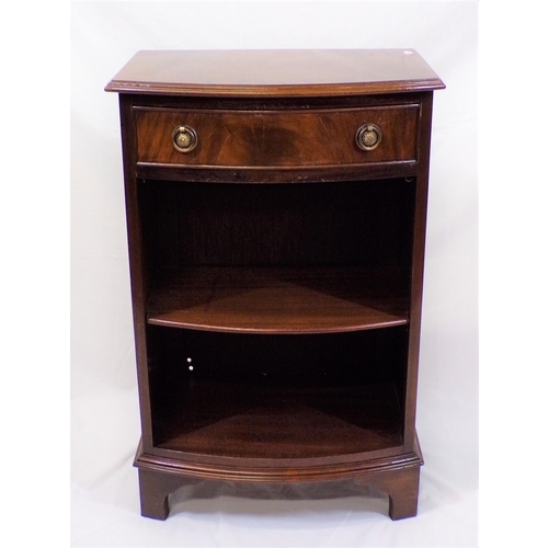 136 - Edwardian style mahogany bow-fronted cabinet with frieze drawer, brass drop handles, shelf under, on... 