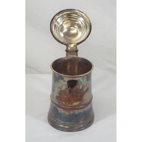 10 - Silverplated tankard of round tapering form with domed lid and shaped handle