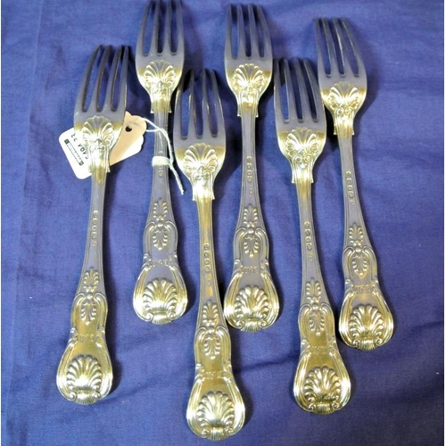 100 - Set of six London silver Kings Pattern forks with shaped handles, dated 1833, 653g