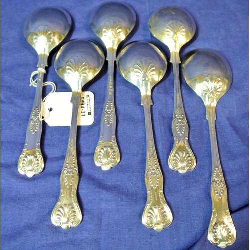 102 - Set of six Birmingham silver Kings Pattern spoons with shaped handles, dated 1934, 444g