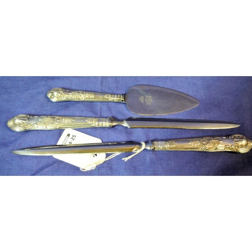 117 - Pair of Sheffield silver Kings Pattern letter openers and a matching cake server with ornate decorat... 