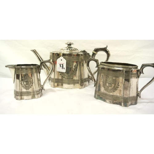 13 - Three piece silverplated tea service with banded and foliate decoration and shaped handles