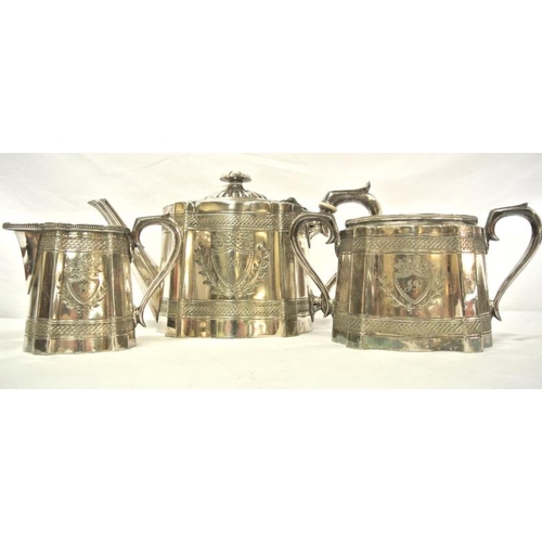 13 - Three piece silverplated tea service with banded and foliate decoration and shaped handles