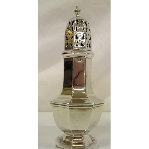 135 - Sheffield silver sugar caster with pierced hexagonal dome and top, hexagonal baluster body, on shape... 