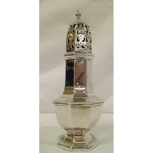 135 - Sheffield silver sugar caster with pierced hexagonal dome and top, hexagonal baluster body, on shape... 