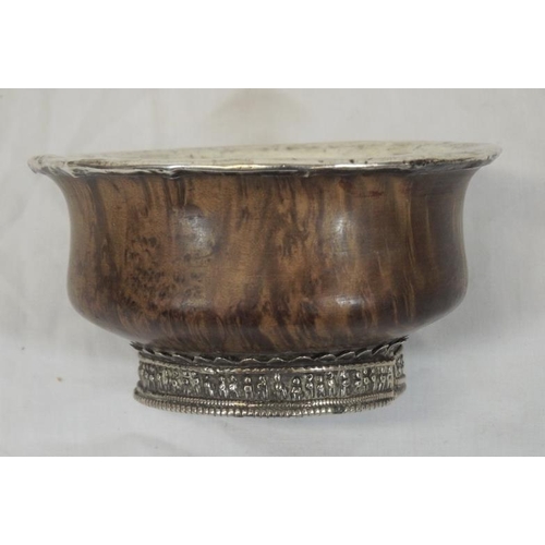 149 - Mazer silver mounted mulberry wood drinking vessel with raised decorated base