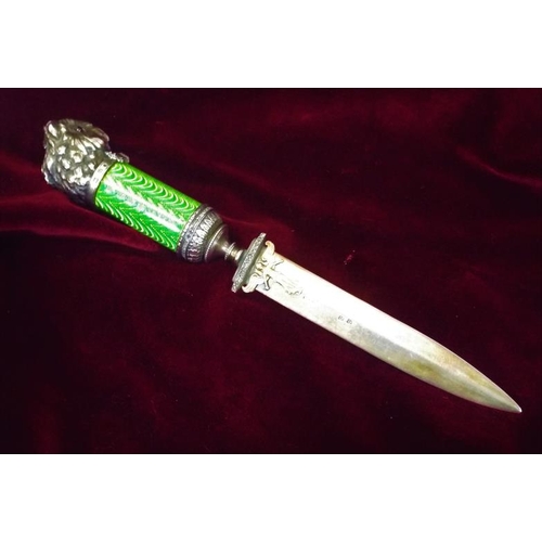 165 - Vintage Russian desk knife with guilloche enamel green handle, diamond encrusted gemstone eyes to ow... 