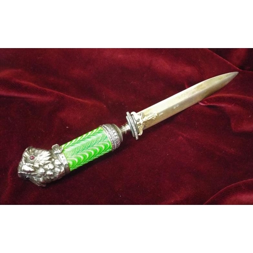 165 - Vintage Russian desk knife with guilloche enamel green handle, diamond encrusted gemstone eyes to ow... 