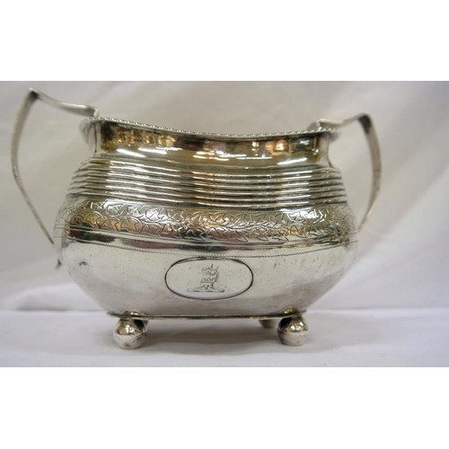 168 - George III London silver oval sugar bowl with gadroon rim, body with reeded and foliate decoration, ... 