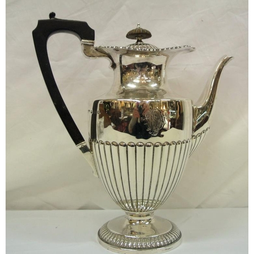 170 - Victorian Birmingham silver teapot and hot water jug, of round tapering form, with reeded lower bodi... 