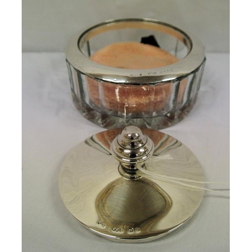 30 - Birmingham silver topped glass make-up jar with shaped finial, inscribed