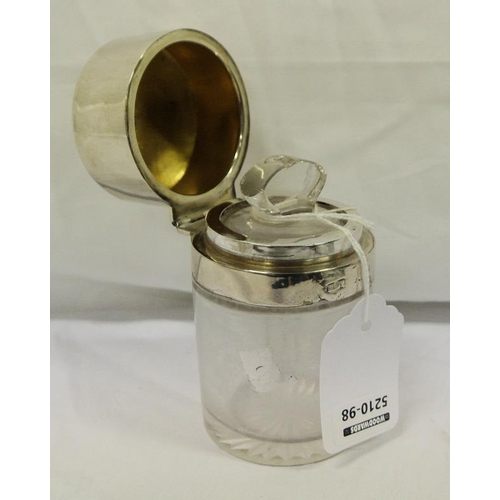 38 - Birmingham silver topped round glass perfume bottle or jar, dated 1919