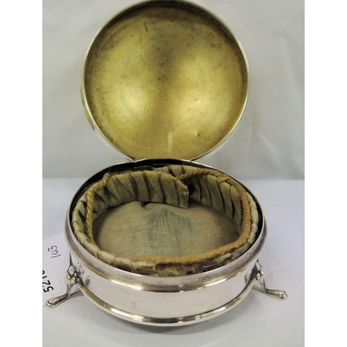 66 - Birmingham silver round compact, lined interior, on hoof feet, dated 1947, 90g