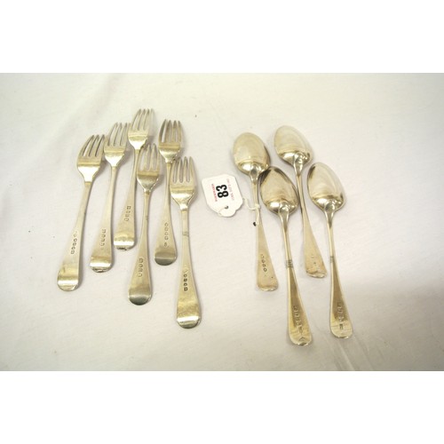 83 - Four Georgian London silver spoons and six London silver forks with Old English Pattern crested hand... 