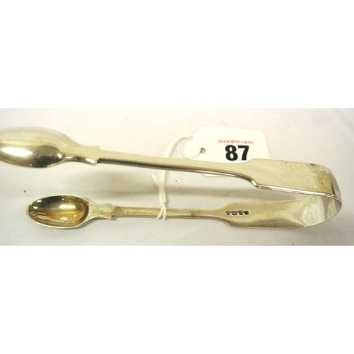 87 - English silver tongs with fiddle pattern handle and oval grips 53g