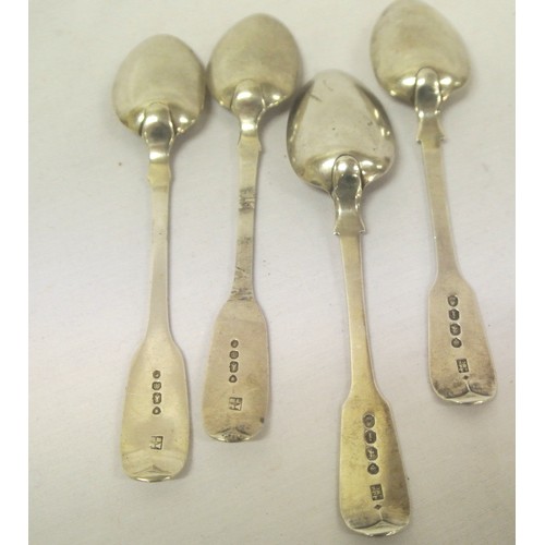 93 - Two pairs of London silver spoons with fiddle pattern handles, dated 1824 and 1847, 92g