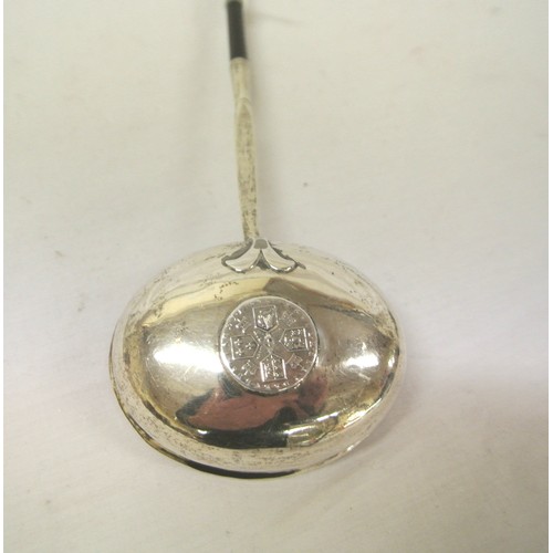 159 - Georgian style silverplated toddy ladle with twist reeded handle and oval bowl with coin inset