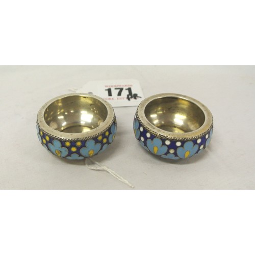 171 - Pair of Russian silver and polychrome cloisonne enamel round salt cellars, on a circular bases, with... 