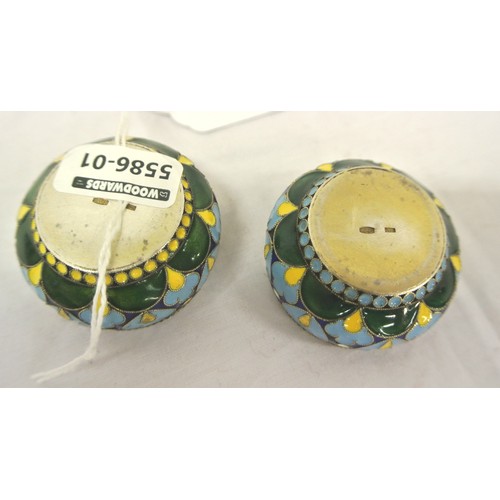 171 - Pair of Russian silver and polychrome cloisonne enamel round salt cellars, on a circular bases, with... 