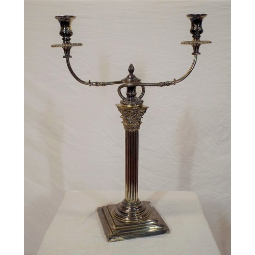 17 - Pair of tall silverplated two branch candelabrae with reeded arms, decorated sconces, ornate Corinth... 