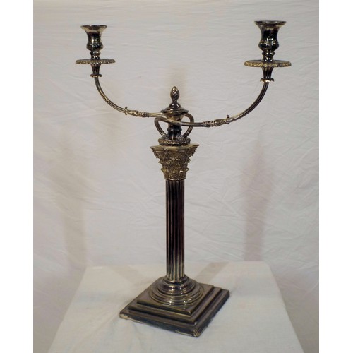 17 - Pair of tall silverplated two branch candelabrae with reeded arms, decorated sconces, ornate Corinth... 