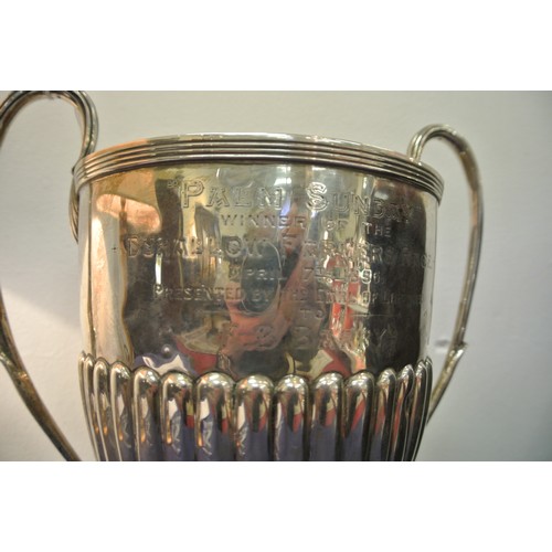 173 - Large Victorian London silver trophy cup with shaped handles and ribbed lower body, on round concave... 