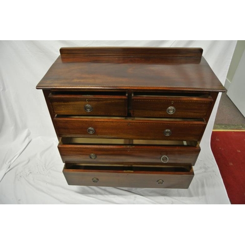 6 - Edwardian inlaid mahogany chest of two short and three long drawers with round drop handles, on squa... 