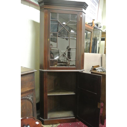 10 - Edwardian inlaid mahogany corner display cabinet with dentil frieze, astragal glazed door, shelved i... 