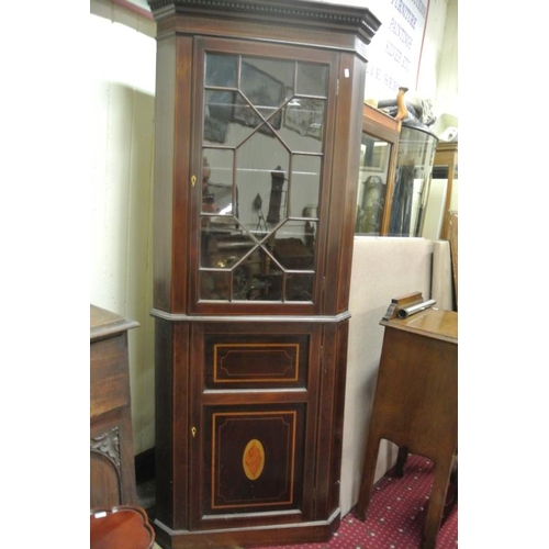 10 - Edwardian inlaid mahogany corner display cabinet with dentil frieze, astragal glazed door, shelved i... 