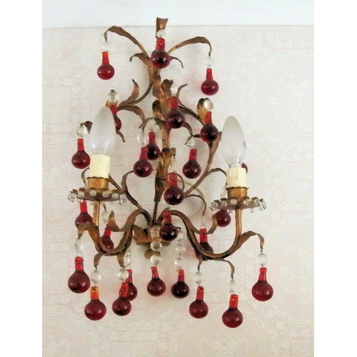 12 - Pair of ornate ormolu two branch light fittings with cranberry drops